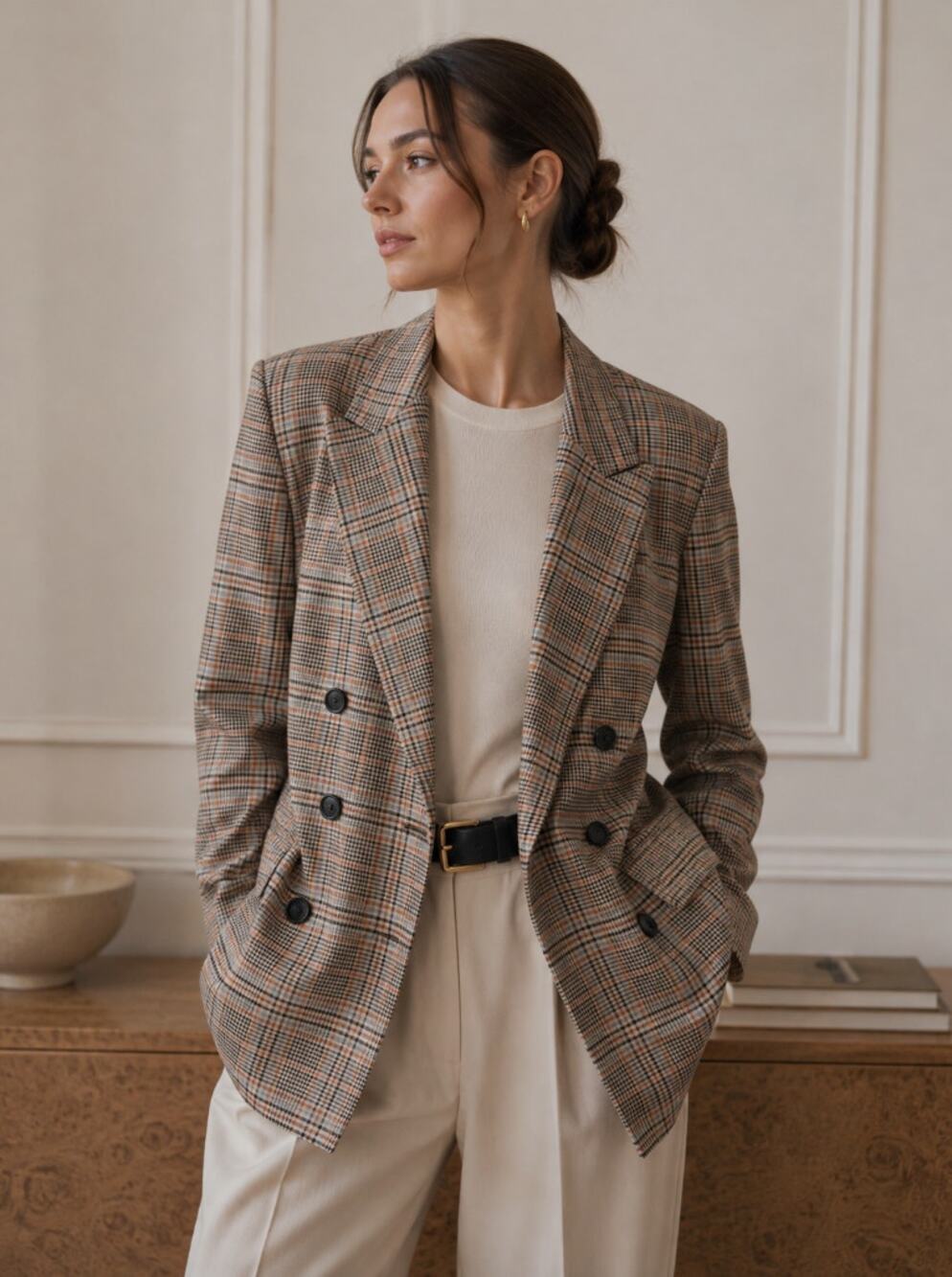 MARLED Glen Plaid Oversized Double Breasted Blazer Tan Sz XL {3R51}